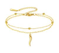 Amaxer Lucky Italian Horn Beaded Double Chain Ankle Anklet Bracelet Red Chili Pepper Cornicello Lucky Amulet Charm Adjustable Bracelet for Women (Gold)