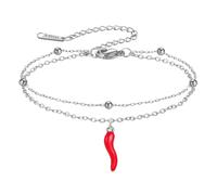 Amaxer Lucky Italian Horn Beaded Double Chain Ankle Anklet Bracelet Red Chili Pepper Cornicello Lucky Amulet Charm Adjustable Bracelet for Women (Silver Red)