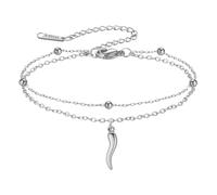 Amaxer Lucky Italian Horn Beaded Double Chain Ankle Anklet Bracelet Red Chili Pepper Cornicello Lucky Amulet Charm Adjustable Bracelet for Women (Silver)