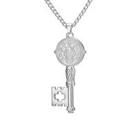 Amaxer Saint Benedict Of Nursia Exorcism Cross Key Pendant Necklace for Women Stainless Steel Catholic Roman Cross Protection Religious Jewellery Necklace (Silver)