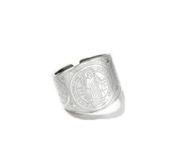 Amaxer Saint Benedict Of Nursia Ring for Men St Benedict Exorcism Catholic Roman Cross Religious Protection Adjustable Statement Wide Band Ring for Men Women (Silver)