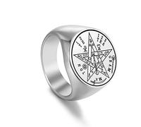 Amaxer Tetragrammaton Pentacle Signet Ring for Men Talisman for Love Seal of Solomon Pentagram Magical Blessed Amulet Stainless Steel Statement Band Ring (Silver, 12)