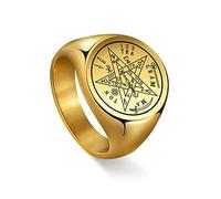 Amaxer Tetragrammaton Pentacle Signet Ring for Men Talisman for Love Seal of Solomon Pentagram Magical Blessed Amulet Stainless Steel Statement Band Ring (Gold, 11)