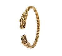 Amaxer Viking Nordic Fenrir Wolf Heads Odin Raven Crow Dragon Stainless Steel Open Cuff Bracelet Strong Amulet Jewelry Protection for Men Women (Wolf-Gold)