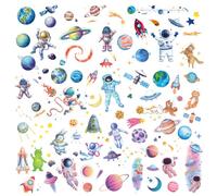 Amaxiu 12 Sheets Glitter Space Temporary Tattoo for Kids, Astronauts Planet Fake Tattoos Stickers Bling Cute Rocketship Tattoo Water Transfer Tattoo Face Arm Body Sticker for Children Boys Party Favor