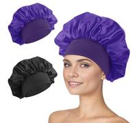 Amaxiu 2pcs Satin Bonnet for Sleeping, Silk Hair Bonnet with Wide Elastic Band Caps Silk Sleep Hair Caps Wrap Satin Head Cover Shower Caps for Women Makeup Hair Protection(Black+Purple)