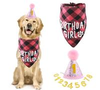 Amaxiu Dog Birthday Party Set, Girl Dog Birthday Bandana Hat with 8 Bling Number Pet Happy Birthday Supplies Glitter Hat Plaid Bandana for Small Medium Large Dogs (Pink)