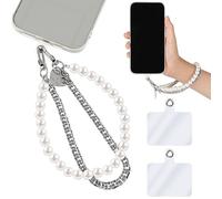 Amaxiu Pearl Beaded Phone Wrist Strap, Anti Lost Stainless Steel Phone Chain Lanyards Double Chains Hand Wrist Straps with 2pcs Tether Tabs for Women Men Mobile Phone Wallet Keychain Camera Earphone