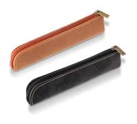Amaxiu Slim PU Leather Pen Pencil Pouch, 2 Pcs Handcrafted Small Fountain Pen Holder Luxury Pen Case Thin Zipper Stationery Bag Vintage Pencil Organizer (Black+Brown)