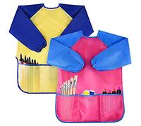 Amaza 2Pcs Kids Painting Aprons with Sleeves and 3 Pockets for Age 2-8 Years, Waterproof Children's Painting Smocks, Toddler Painting Apron, Kids Painting Smock, Kids Aprons for Painting(Yellow& Pink)
