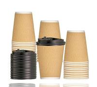 AmazCups - 25 x 12oz Ripple Wall Disposable Coffee Cups with lids - Best 3 Ply Insulated Triple Wall Kraft Paper Cups with Leak Proof Lids for Hot Drinks