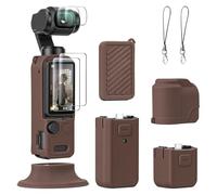 AMAZEAR Silicone Case Compatible with DJI OSMO Pocket 4 Accessories, Brown | Pocket4 Accessories Soft Skin Protective Cover Combo with Tempered Glass Lens Screen Protectors, Silicone Base Stand