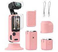 AMAZEAR Silicone Case Compatible with DJI OSMO Pocket 4, Pocket4 Accessories Soft Skin Protective Cover Combo with Tempered Glass Lens Screen Protectors, Silicone Base Stand, Pink