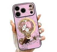 AMAZFCCY for iPhone 17 Pro Case, Cute 3D Bling Glitter Sparkle Luxury Rhinestones Love Hear Rose Floral Kickstand Girly Shockproof Sturdy Cover Girl Women for Apple iPhone 17 Pro (Pink)