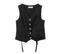 Amazhiyu 100% Linen Waistcoat Womens UK, Summer V Neck Button Down Sleeveless Crop Top, Tie Back Waistcoat Vest Black S