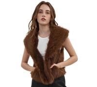 Amazhiyu Faux Fur Gilet for Women UK, Lapel Open Front Cardigan with Pockets, Sleeveless V Neck Outwear Fluffy Vest for Winter/Autumn Brown M