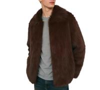 Amazhiyu Mens Faux Fur Coat, Winter Fluffy Lapel Overcoat Long Sleeve Jacket Open Front Outwear Plush Warm Cardigan with Pockets Brown S