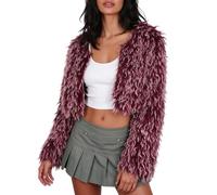Amazhiyu Womens Faux Fur Coat, Winter Crewneck Open Front Shaggy Jacket Red XL