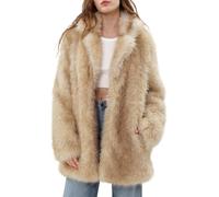 Amazhiyu Women's Faux Fur Coat, Winter Lapel Open Front Fluffy Jackets with Pocket Outerwear Apricot L