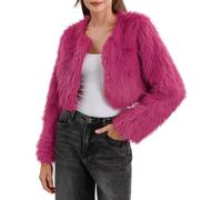 Amazhiyu Womens Faux Fur Coat, Winter Short Long Sleeve Jacket, Solid Crew Neck Open Front Outwear Plush Warm Cardigan Shaggy Artificial Fur Outerwear Red S
