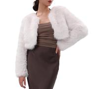 Amazhiyu Womens Faux Fur Coat, Winter Short Long Sleeve Jacket, Solid Crew Neck Open Front Outwear Plush Warm Cardigan Shaggy Artificial Fur Outerwear White L