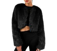 Amazhiyu Womens Faux Fur Coat, Winter Short Long Sleeve Jacket, Solid Crew Neck Open Front Outwear Plush Warm Cardigan Shaggy Artificial Fur Outerwear Black M