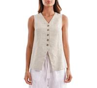 Amazhiyu Womens Pure Linen Waistcoat, Summer Sleeveless Button Down V Neck Linen Waist Crop Top Flax L