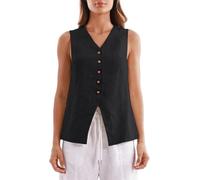 Amazhiyu Womens Pure Linen Waistcoat, Summer Sleeveless Waistcoat, Button Down V Neck Linen Waist Crop Top Black M