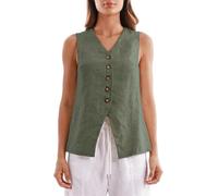 Amazhiyu Womens Pure Linen Waistcoat, Summer Sleeveless Waistcoat, Button Down V Neck Linen Waist Crop Top Green S