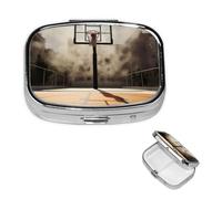 Amazing Basketball Court Pill Box 2 Compartment Square Portable Pill Case for Pocket or Purse Pill Holder Weekly Pill Organizer Decorative Metal Medicine Vitamin Organizer Travel Gift