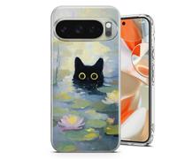 AMAZING Black Cat Van Gogh Inspired Case for Google Pixel 6,7,8,9,10,a,Pro Series - Crystal Clear Shockproof TPU Protective Cover - Pond