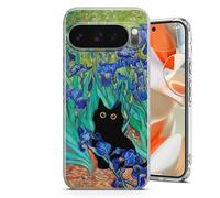 AMAZING Black Cat Van Gogh Inspired Case for Google Pixel 6,7,8,9,10,a,Pro Series - Crystal Clear Shockproof TPU Protective Cover - Lillies