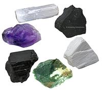 Amazing Gemstone Crystals for House Protection Manifestation, Set of 6 Amethyst, Scolecite, Shungite, Black Tourmaline, Selenite and Moss Agate Healing Crystals and Stones