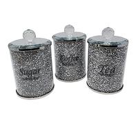 Amazing Gift 15CM Large Diamond Crushed Tea Coffee Sugar CANISTERS Jars Storage Silver Trimmings Crystal Filled