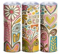 Amazing Grace 20oz Skinny Tumbler, Retro Floral Art Travel Mug with Lid, Stainless Steel Insulated Cup with Colorful Hearts and Flowers, Inspirational Christian Gifts for Women