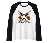 Amazing Grace - Christian Hymn - Swallow Bird Flowers Raglan Baseball Tee