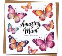 Amazing Mum Birthday Card - Butterfly Design - 145mm x 145mm Square Greeting Card with Kraft Envelope - Happy Birthday Mum Card