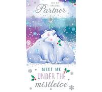 Amazing Partner Christmas Card Meet Me Under The Mistletoe Cute Bears 9" x 5"