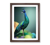 Amazing Peacock Framed Print | A3 Walnut Framed Wall Art | Ready to Hang | Modern Animal Picture | Living Room Bedroom Lounge Office