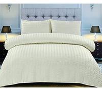 Amazing Seersucker Duvet Quilt Cover Set with Pillowcase and Plain Dyed Matching-colour fitted sheet Premium Quality (Cream, Single)