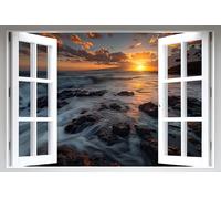 Amazing Wall Fake Window Wall Sticker Sunset Seascape Illusion Peel-on Adhesive Vinyl Mural Removable oceanview Frame Decor Coastal Horizon Waves Home Decoration Bedroom livingroom,32x48in/2PCS