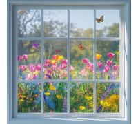 Amazing Wall Window Wall Decal Spring Flower Meadow Butterflies Bright Garden Self Adhesive Peel and Stick Removable Vinyl Illusion Panel for Living Room Bedroom Apartment Decoration,23.6x23.6in/2PCS