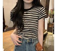 Amazing Women's Casual Tee Stylishly Designed Stripe Pattern on a Relaxed Fit Summer Top with Shortsleeve Style (XL Black)