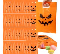 AmazingSpark 100 Pack Halloween Pumpkin Gift Bags with Handles Plastic Party Favor and Candy Treat Bags for Gift Wrapping Halloween Supplies