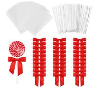AmazingSpark 100 Pcs Cake Pop Treat Bags with Sticks and Bows for Lollipops, Candies, Chocolates and Cookies, Party Favor Packaging (Red)