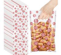 AmazingSpark 100 Pcs Christmas Cellophane Gift Bags Set 9.84 x 6.3 Inches Xmas Clear Plastic Candy Treat Goodie Bags with Handles for Christmas Holiday Party Supplies