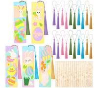 AmazingSpark 100 Pcs Easter Wood Bookmarks Bulk DIY Crafts Kit, 50 Set Blank Easter Bunny Coloring Bookmarks with Tassel for Classroom Gifts Exchange Activity Reading Party Favor Reward Goodie Fillers