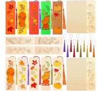 AmazingSpark 100 Pcs Fall Wooden Bookmark DIY Craft Kits, Cute Fall Bookmarks Bulk with Tassels, Personalized Bookmarkers Autumn Thanksgiving Ideal Birthday Holiday Gift for Women Men Friend