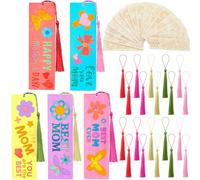 AmazingSpark 100 Pcs Mother's Day Wood Bookmarks Bulk DIY Crafts Kit, 50 Set Blank Coloring Bookmarks with Tassel for Classroom Gifts Exchange Activity Reading Party Favor Reward Goodie Fillers