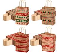 AmazingSpark 100 Pcs Small Christmas Kraft Gift Bags with Handles Striped Christmas Paper Bags Bulk for Wrapping Goody Treat Xmas Holiday Decorations Party Favors Supplies 4 Design, 5.91x3.15x8.27